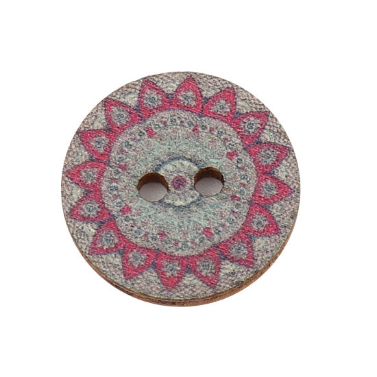 Immagine di Natural Wood Buddhism Mandala Sewing Buttons Scrapbooking Two Holes Round Gray Flower 20mm Dia., 100 PCs
