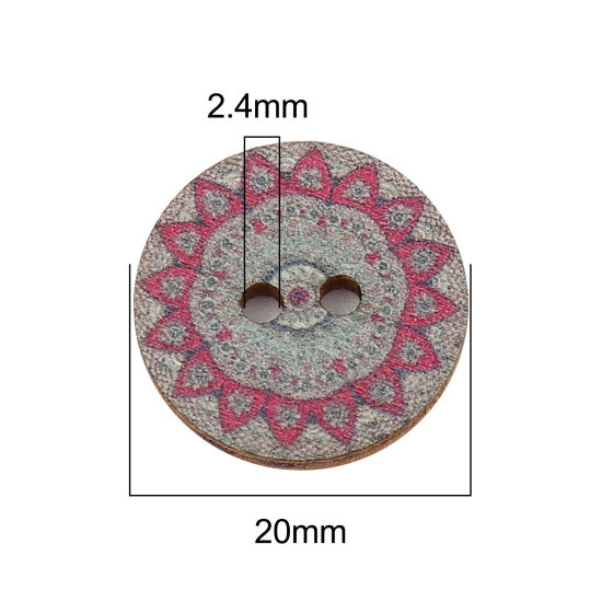 Immagine di Natural Wood Buddhism Mandala Sewing Buttons Scrapbooking Two Holes Round Gray Flower 20mm Dia., 100 PCs