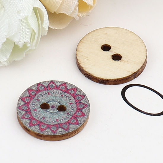 Immagine di Natural Wood Buddhism Mandala Sewing Buttons Scrapbooking Two Holes Round Gray Flower 20mm Dia., 100 PCs