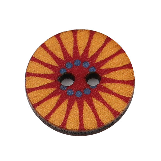 Immagine di Natural Wood Buddhism Mandala Sewing Buttons Scrapbooking Two Holes Round Orange Flower 20mm Dia., 100 PCs