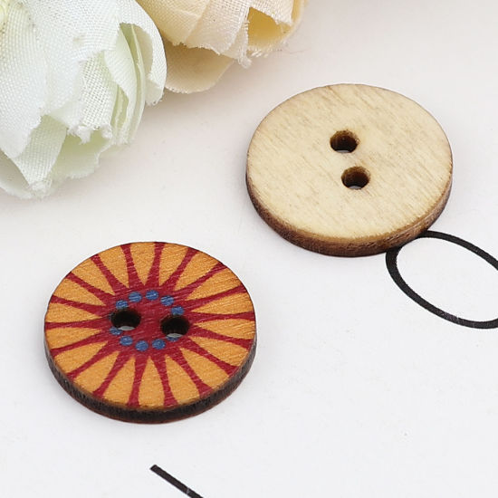 Immagine di Natural Wood Buddhism Mandala Sewing Buttons Scrapbooking Two Holes Round Orange Flower 20mm Dia., 100 PCs