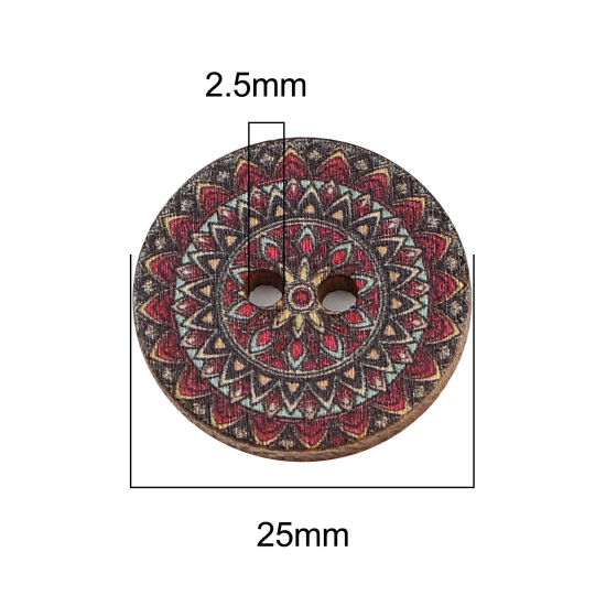 Изображение Natural Wood Buddhism Mandala Sewing Buttons Scrapbooking Two Holes Round Fuchsia Flower 25mm Dia., 100 PCs