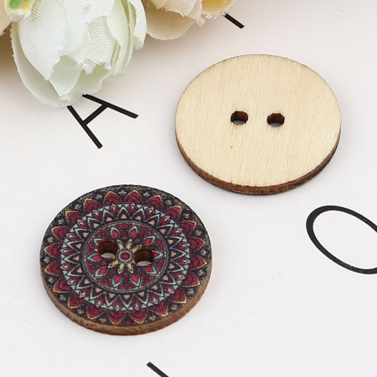 Изображение Natural Wood Buddhism Mandala Sewing Buttons Scrapbooking Two Holes Round Fuchsia Flower 25mm Dia., 100 PCs