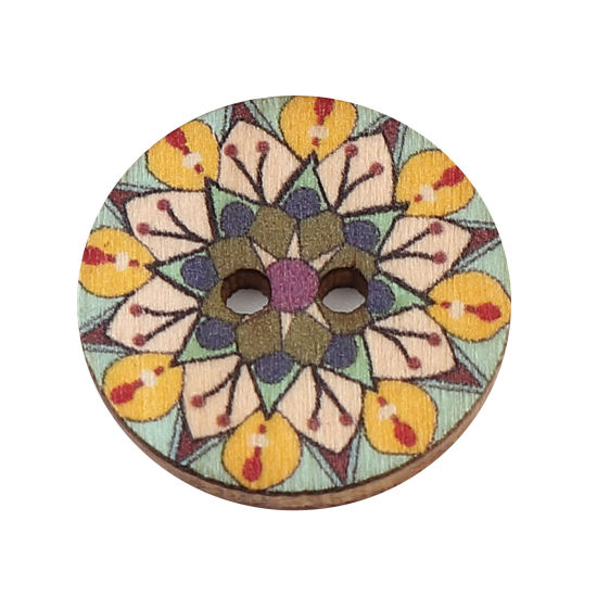 Picture of Wood Buddhism Mandala Sewing Buttons Scrapbooking Two Holes Round Multicolor Flower 25mm Dia., 100 PCs