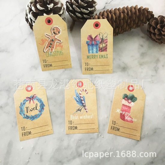 Picture of Paper Hanging Tags Rectangle Beige Christmas Wreath Pattern 76mm x 45mm, 1 Packet (Approx 50 PCs/Packet)