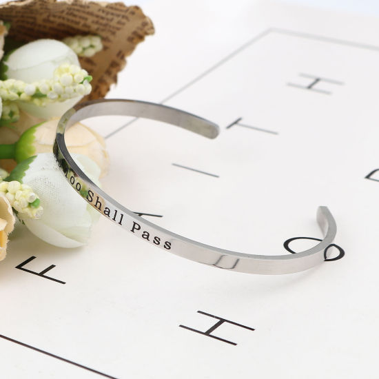 Изображение 304 Stainless Steel Open Cuff Bangles Bracelets Silver Tone Message " This Too Shall Pass " 17cm(6 6/8") long, 1 Piece