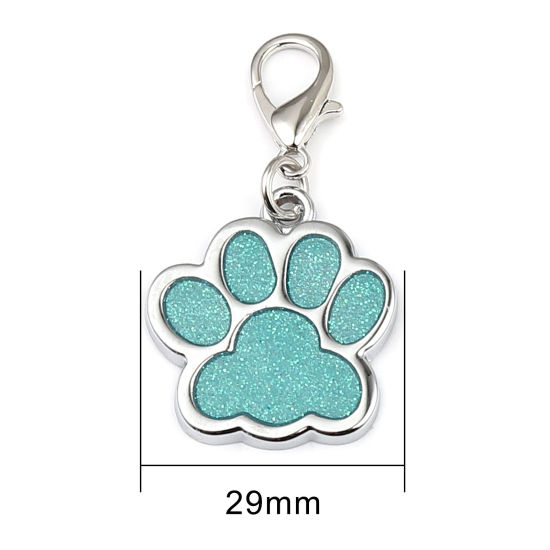 Picture of Zinc Based Alloy Pet Memorial Charms Dog Paw Claw Silver Tone Green Glitter 29mm x 25mm, 2 PCs