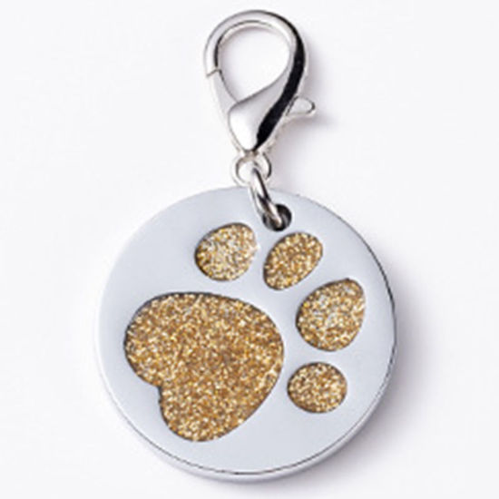 Immagine di Zinc Based Alloy Pet Memorial Charms Round Disc Silver Tone Golden Paw Claw Glitter 27mm, 2 PCs