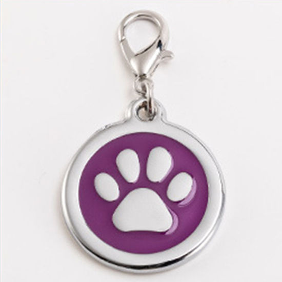 Picture of Zinc Based Alloy Pet Memorial Charms Round Silver Tone Purple Paw Claw Enamel 25mm, 2 PCs