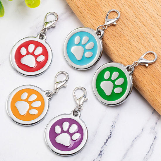 Picture of Zinc Based Alloy Pet Memorial Charms Round Silver Tone Purple Paw Claw Enamel 25mm, 2 PCs