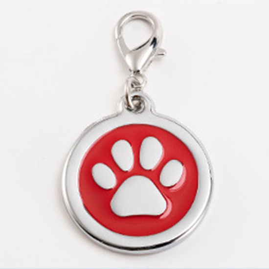 Picture of Zinc Based Alloy Pet Memorial Charms Round Silver Tone Red Paw Claw Enamel 25mm, 2 PCs