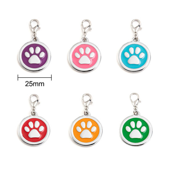 Picture of Zinc Based Alloy Pet Memorial Charms Round Silver Tone Red Paw Claw Enamel 25mm, 2 PCs