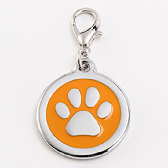 Picture of Zinc Based Alloy Pet Memorial Charms Round Silver Tone Orange Paw Claw Enamel 25mm, 2 PCs
