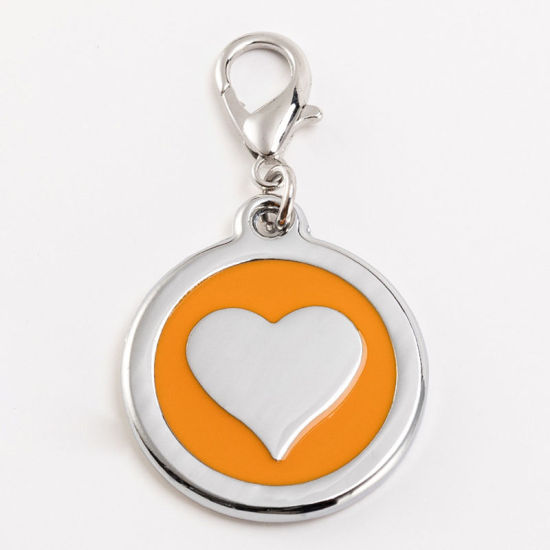 Bild von Zinklegierung Haustier Denkmal Charms Rund Silberfarbe Orange Herz Emaille 25mm, 2 Stück