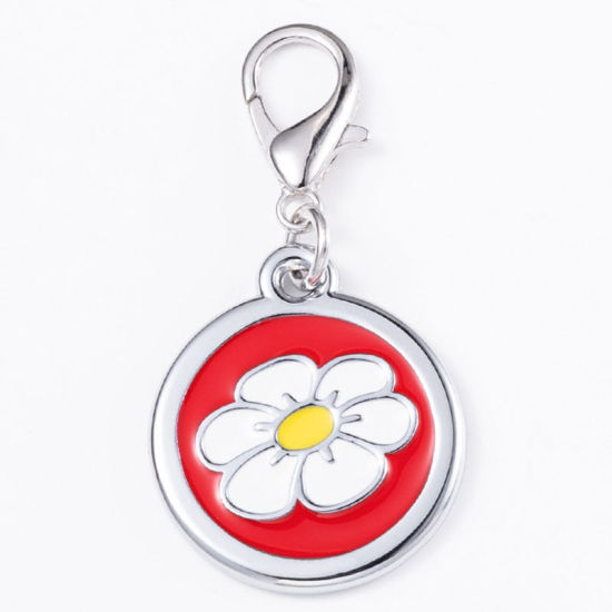 Picture of Zinc Based Alloy Pet Memorial Charms Round Silver Tone Red Flower Enamel 25mm, 2 PCs