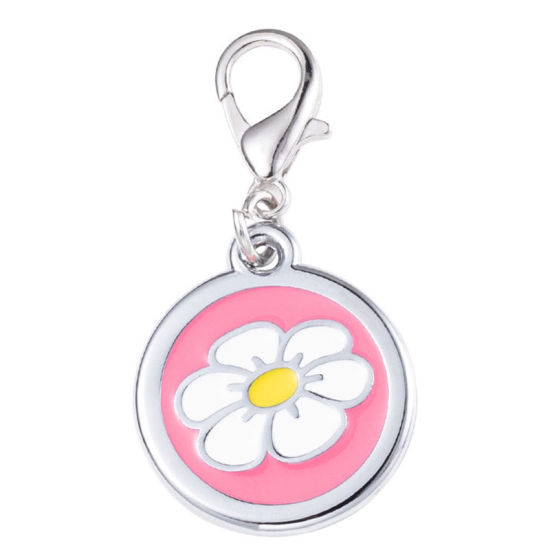 Picture of Zinc Based Alloy Pet Memorial Charms Round Silver Tone Pink Flower Enamel 25mm, 2 PCs