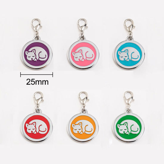 Picture of Zinc Based Alloy Pet Memorial Charms Round Silver Tone Green Cat Enamel 25mm, 2 PCs