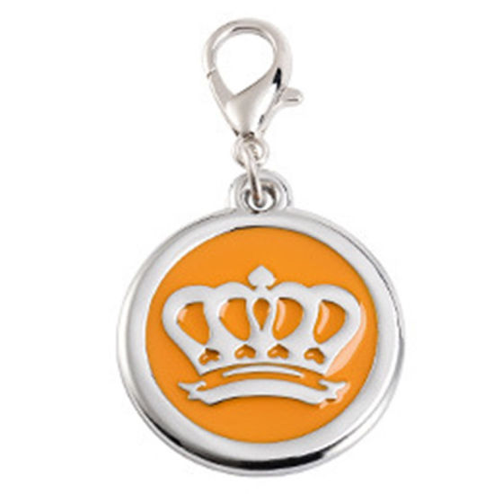 Picture of Zinc Based Alloy Pet Memorial Charms Round Disc Silver Tone Orange Crown Enamel 25mm, 2 PCs