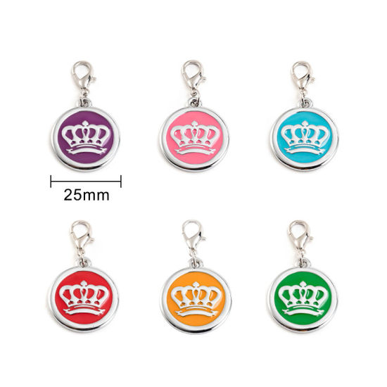 Picture of Zinc Based Alloy Pet Memorial Charms Round Disc Silver Tone Orange Crown Enamel 25mm, 2 PCs