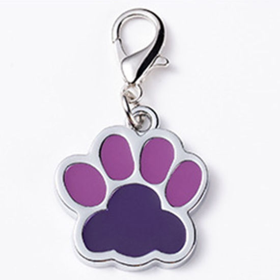 Picture of Zinc Based Alloy Pet Memorial Charms Dog Paw Claw Silver Tone Dark Purple Enamel 29mm x 27mm, 2 PCs