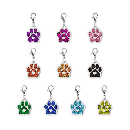 Picture of Zinc Based Alloy Pet Memorial Knitting Stitch Markers Pendants Dog Paw Claw Silver Tone Purple Heart Glitter 33mm, 2 PCs