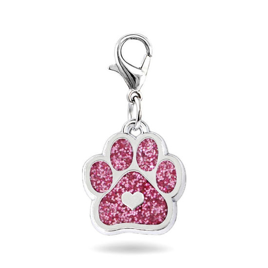 Picture of Zinc Based Alloy Pet Memorial Knitting Stitch Markers Pendants Dog Paw Claw Silver Tone Pink Heart Glitter 33mm, 2 PCs