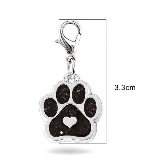 Picture of Zinc Based Alloy Pet Memorial Knitting Stitch Markers Pendants Dog Paw Claw Silver Tone Black Heart Glitter 33mm, 2 PCs