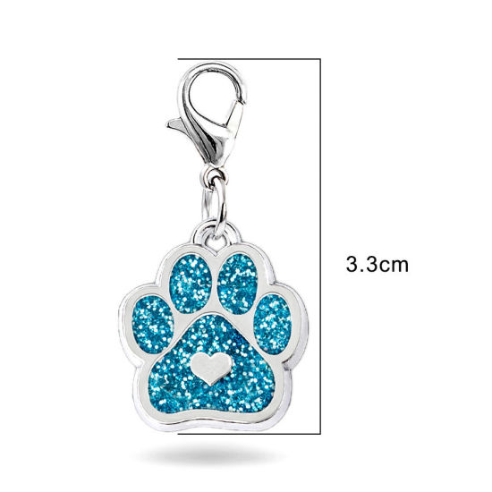 Bild von Zink-basierte Legierung Pet Memorial Stricken Stichmarker Anhänger Hundepfote Klaue Silber Ton Seeblau Herz Glitzer 33mm, 2 Stück