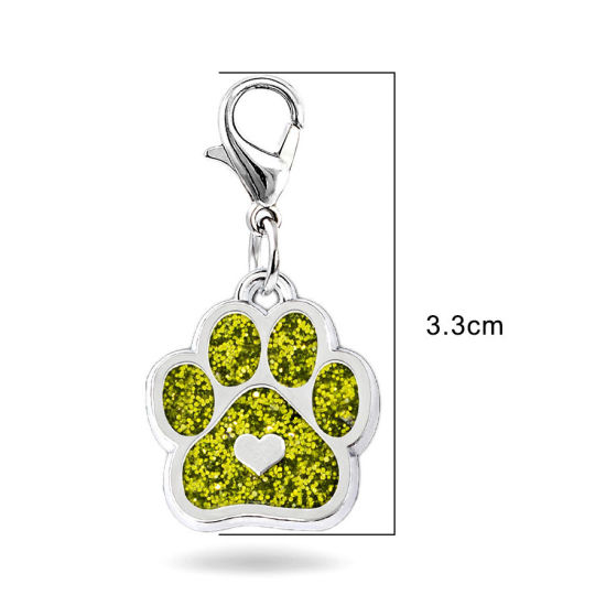 Bild von Zinkbasierte Legierung Pet Memorial Stricken Stichmarker Anhänger Hundepfote Klaue Silberfarbenes Olivgrünes Herz Glitzer 33mm, 2 Stück
