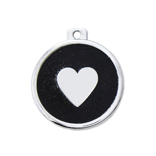 Immagine di Zinc Based Alloy Pet Memorial Pendants Round Disc Silver Tone Black Heart Glitter 34mm x 30mm, 5 PCs