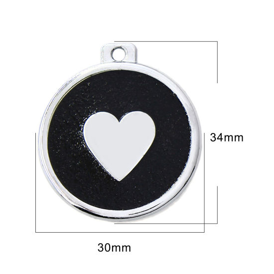 Immagine di Zinc Based Alloy Pet Memorial Pendants Round Disc Silver Tone Black Heart Glitter 34mm x 30mm, 5 PCs
