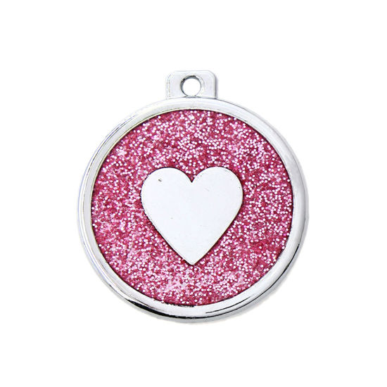 Immagine di Zinc Based Alloy Pet Memorial Pendants Round Disc Silver Tone Pink Heart Glitter 34mm x 30mm, 5 PCs