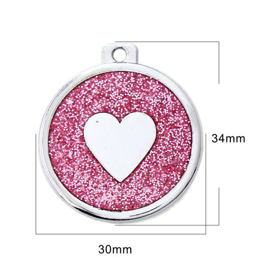Immagine di Zinc Based Alloy Pet Memorial Pendants Round Disc Silver Tone Pink Heart Glitter 34mm x 30mm, 5 PCs