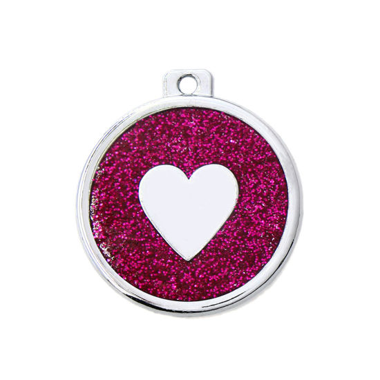 Immagine di Zinc Based Alloy Pet Memorial Pendants Round Disc Silver Tone Fuchsia Heart Glitter 34mm x 30mm, 5 PCs
