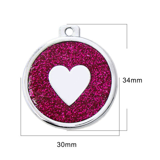 Immagine di Zinc Based Alloy Pet Memorial Pendants Round Disc Silver Tone Fuchsia Heart Glitter 34mm x 30mm, 5 PCs