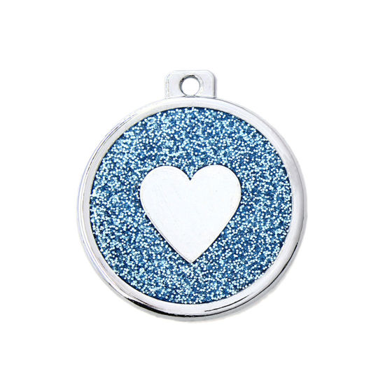 Immagine di Zinc Based Alloy Pet Memorial Pendants Round Disc Silver Tone Light Blue Heart Glitter 34mm x 30mm, 5 PCs