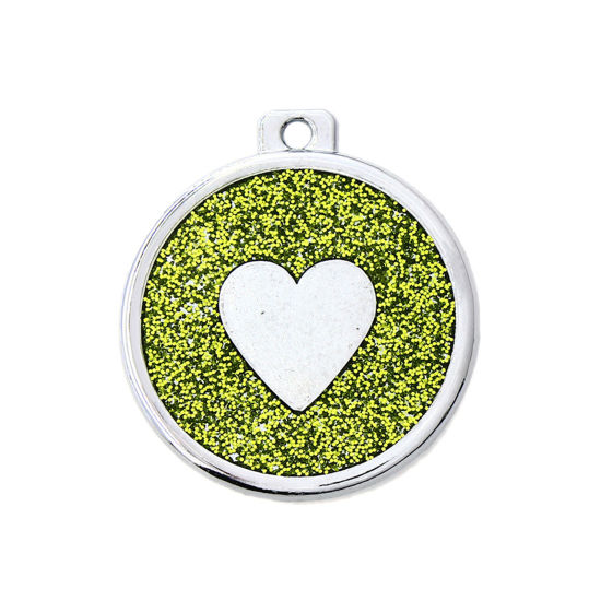 Immagine di Zinc Based Alloy Pet Memorial Pendants Round Disc Silver Tone Green Heart Glitter 34mm x 30mm, 5 PCs