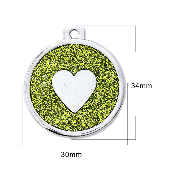 Immagine di Zinc Based Alloy Pet Memorial Pendants Round Disc Silver Tone Green Heart Glitter 34mm x 30mm, 5 PCs