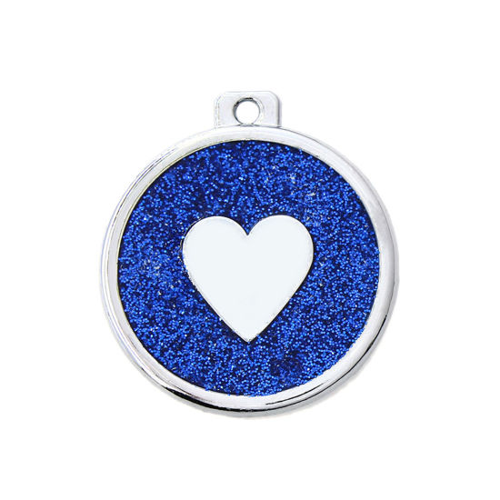 Immagine di Zinc Based Alloy Pet Memorial Pendants Round Disc Silver Tone Dark Blue Heart Glitter 34mm x 30mm, 5 PCs