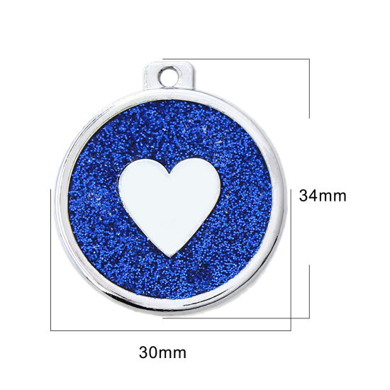 Immagine di Zinc Based Alloy Pet Memorial Pendants Round Disc Silver Tone Dark Blue Heart Glitter 34mm x 30mm, 5 PCs