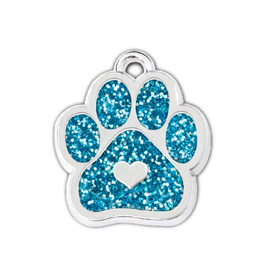 Immagine di Zinc Based Alloy Pet Memorial Charms Dog Paw Claw Silver Tone Lake Blue Glitter 19mm x 17mm, 5 PCs