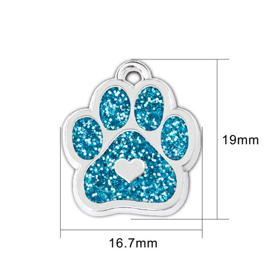 Immagine di Zinc Based Alloy Pet Memorial Charms Dog Paw Claw Silver Tone Lake Blue Glitter 19mm x 17mm, 5 PCs