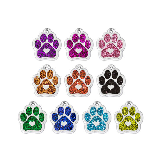 Immagine di Zinc Based Alloy Pet Memorial Charms Dog Paw Claw Silver Tone Lake Blue Glitter 19mm x 17mm, 5 PCs