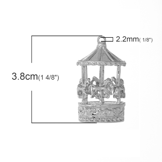 Image de Pendentifs en Alliage de Zinc 3D Cheval en Bois Argent Mat 38mm x 22mm, 2 Pcs