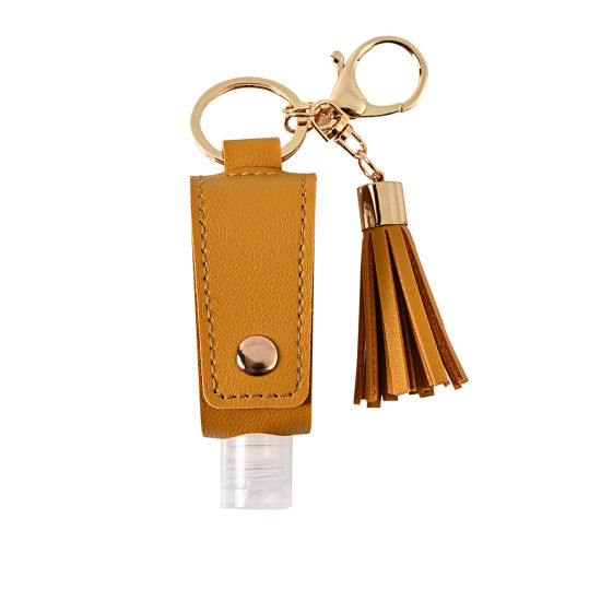 Picture of 30ml PU & Plastic Hand Sanitizer Empty Bottle Keychain & Keyring Khaki Tassel 10cm x 3cm, 1 Piece