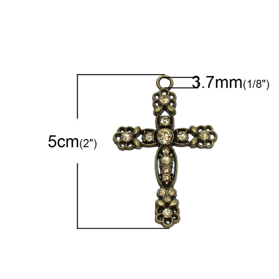 Imagen de Colgantes Aleación + Brillantito de Cruz , Tono Bronce Flor Patrón Champán Diamantes de imitación 58mmx 38mm, 2 Unidades