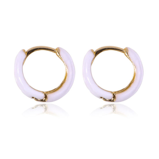 Изображение Brass Hoop Earrings White Circle Ring Enamel 13mm Dia., 1 Pair                                                                                                                                                                                                