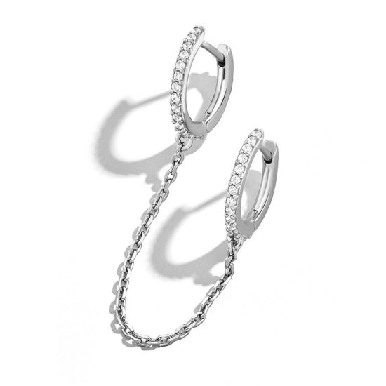 Изображение Brass Chain Hoop Earrings Silver Tone Circle Ring Clear Rhinestone 13.2cm, 1 Piece                                                                                                                                                                            