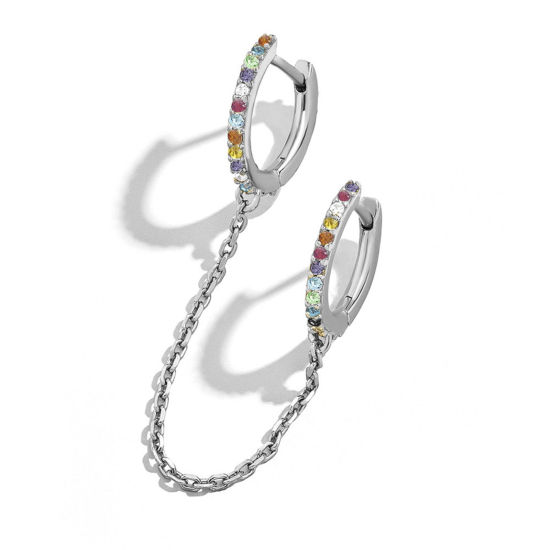 Изображение Brass Chain Hoop Earrings Silver Tone Circle Ring Multicolor Rhinestone 13.2cm, 1 Piece                                                                                                                                                                       