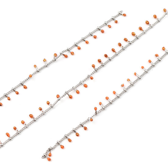 Picture of Stainless Steel Enamel Link Curb Chain Oval Silver Tone Orange Glitter 6mm, 1 M